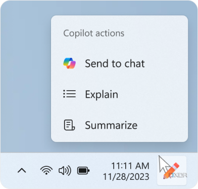Screenshot of the Copilot icon after the user has copied text on Windows 11 with a menu showing options of what to do with said text