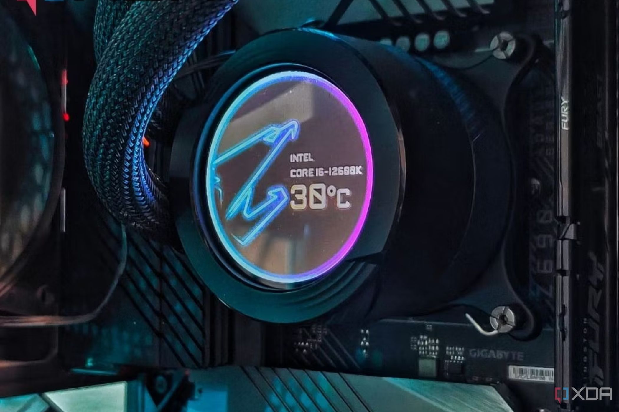 An image showing a Gigabyte CPU cooler displaying CPU temperature.