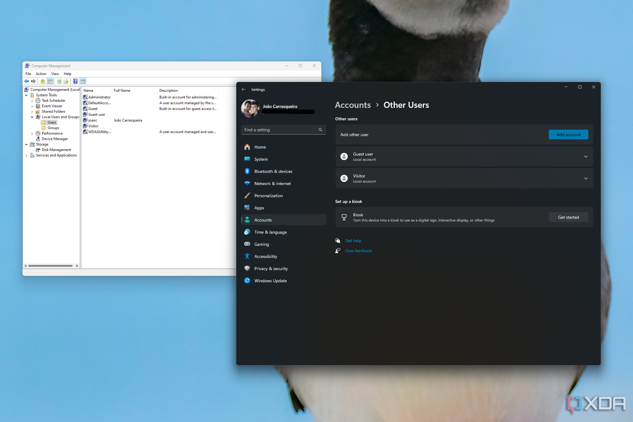 Screenshot of WIndows 11 Settings and Computer management showing guest accounts