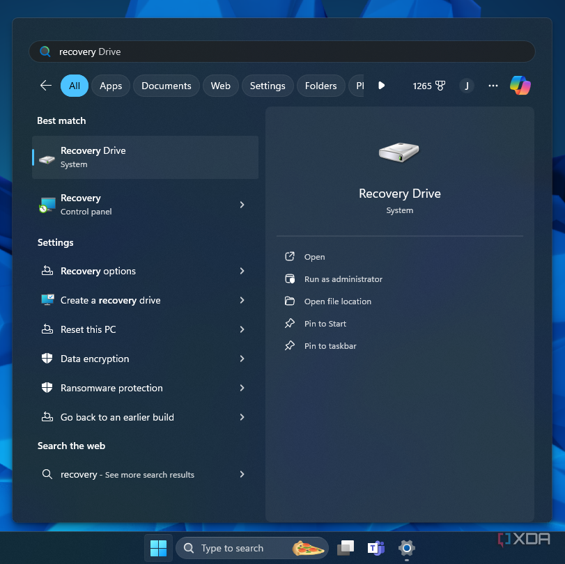 Captura de pantalla de la unidad de recuperación en los resultados de búsqueda de Windows 11