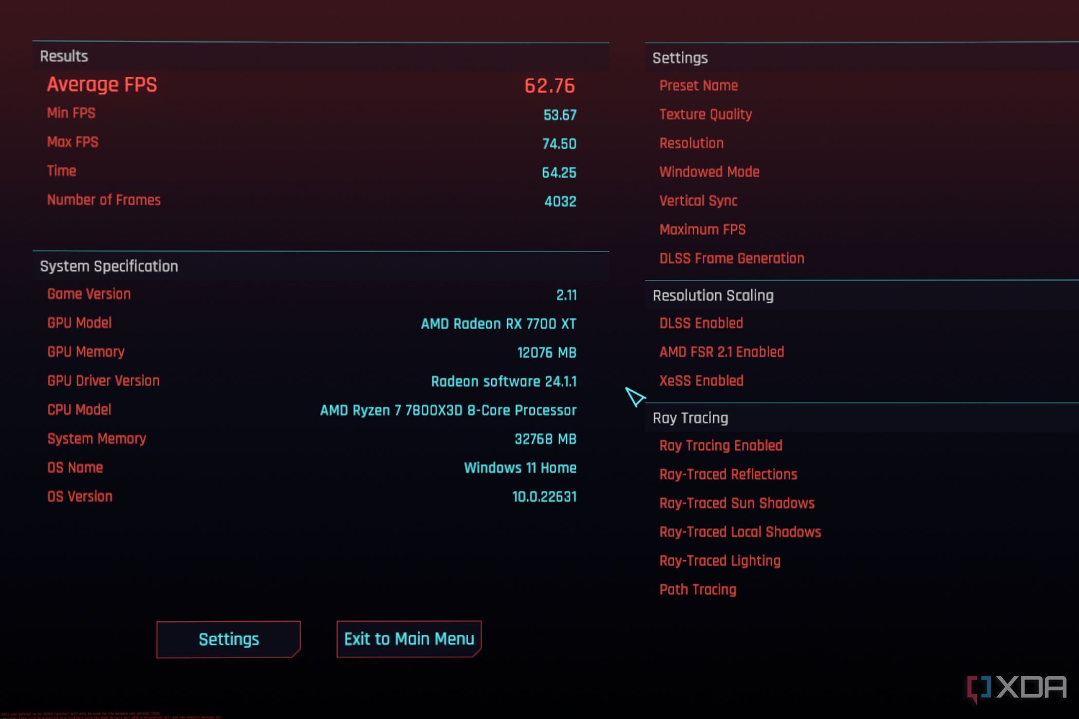 Uma captura de tela mostrando os resultados do benchmark do Cyberpunk 2077 com AFMF habilitado.