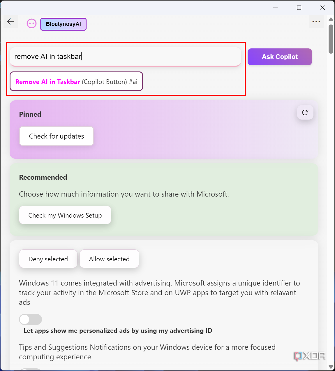 Screenshot of BloeatyNosyAI showing search results for Remove AI in Taskbar