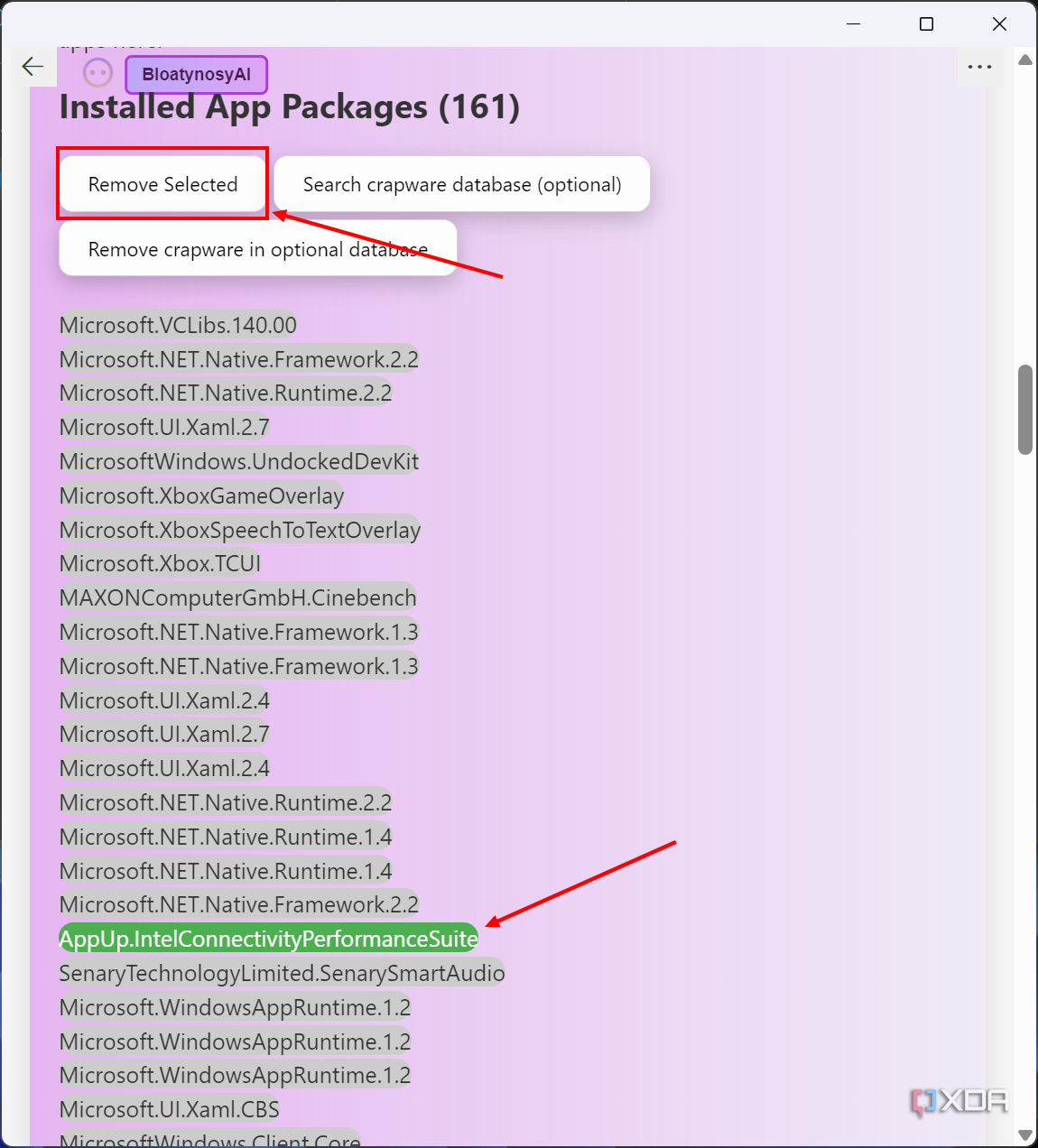 Screenshot of BloatyNosyAI with an installed app selected and the remove selected button highlighted