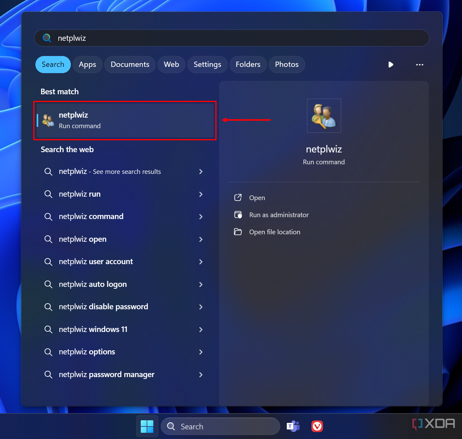 Captura de pantalla de Windows Search que muestra los resultados de netplwiz