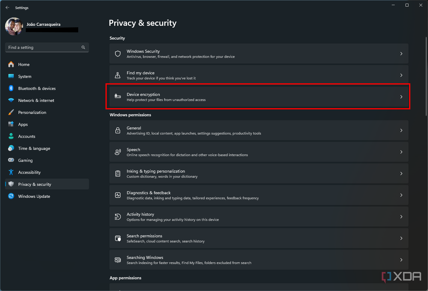 Screenshot of the Privacy & Security section in the Windows 11 Settings app