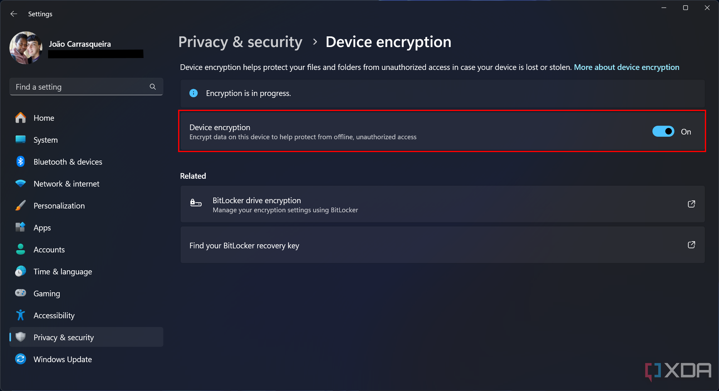 Screenshot of device encryption enabled in Windows 11 Home