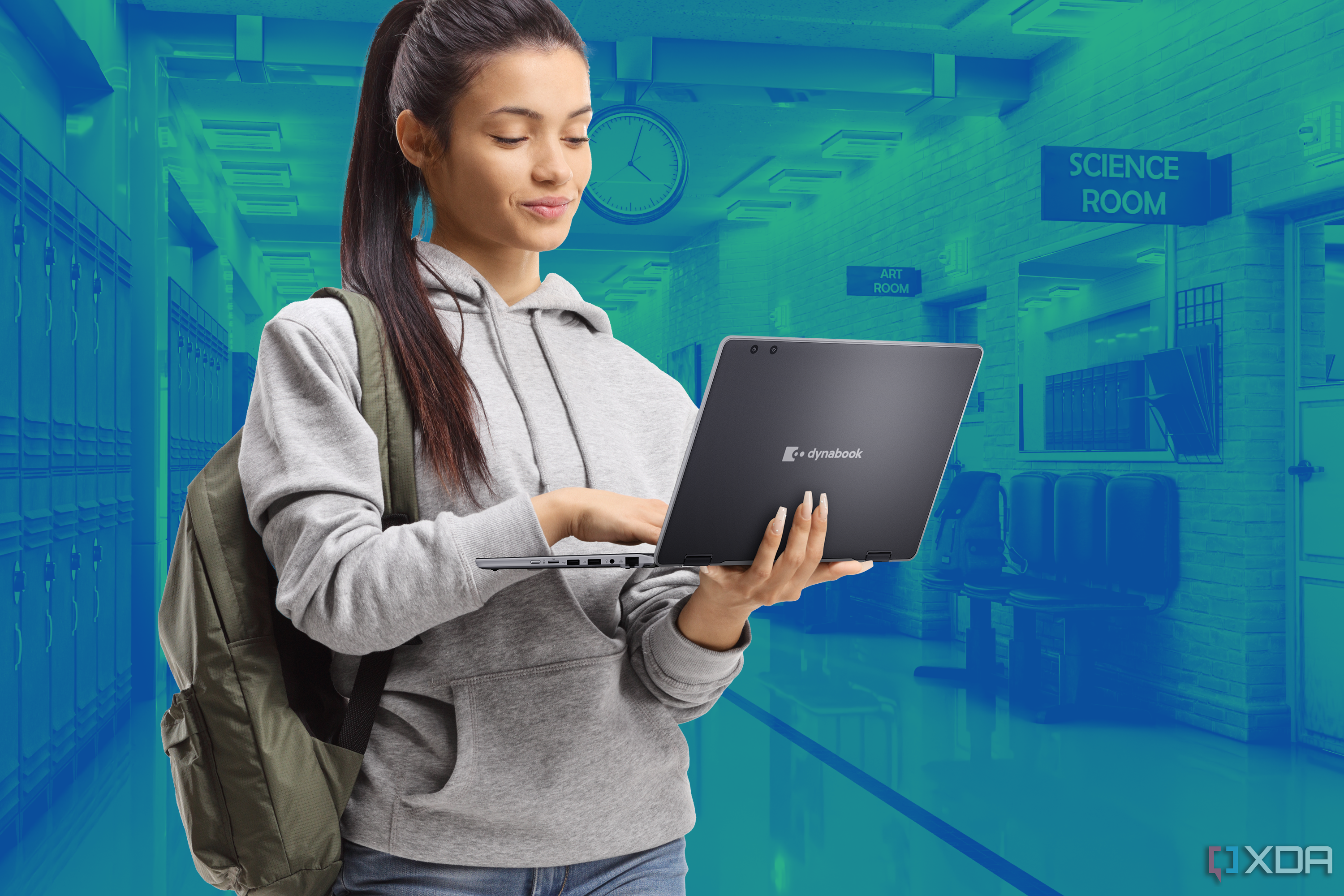 A girl holding a Dynabook E11 laptop over tinted picture of a school hallway