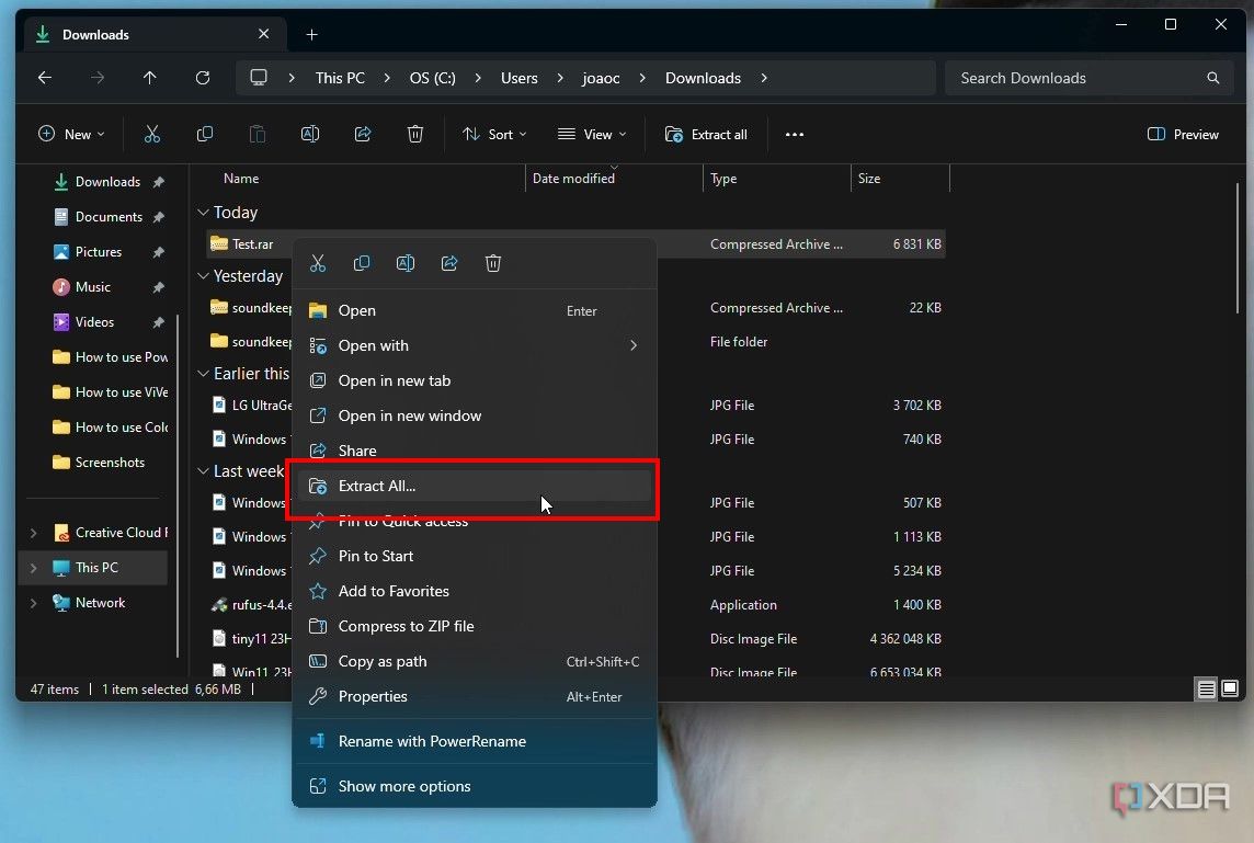 Screenshot of File Explorer showing the context menu displayed when right-clicking a RAR file. The extract all button is hihglighted