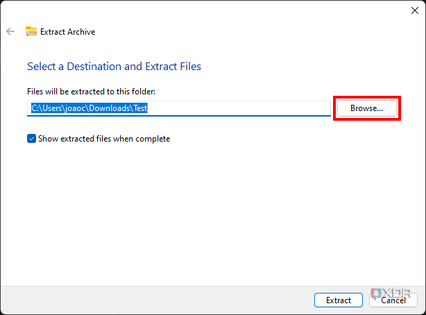 Screenshot of the archive extraction dialog in Windows 11