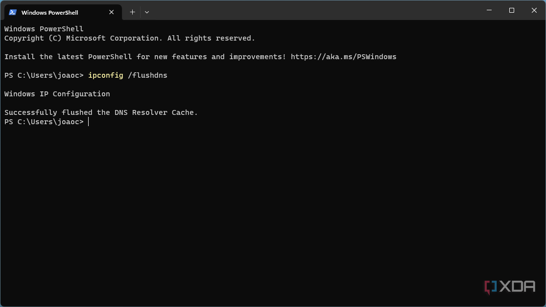 Screenshot of Windows Terminal after running a command to flush the DNS cache