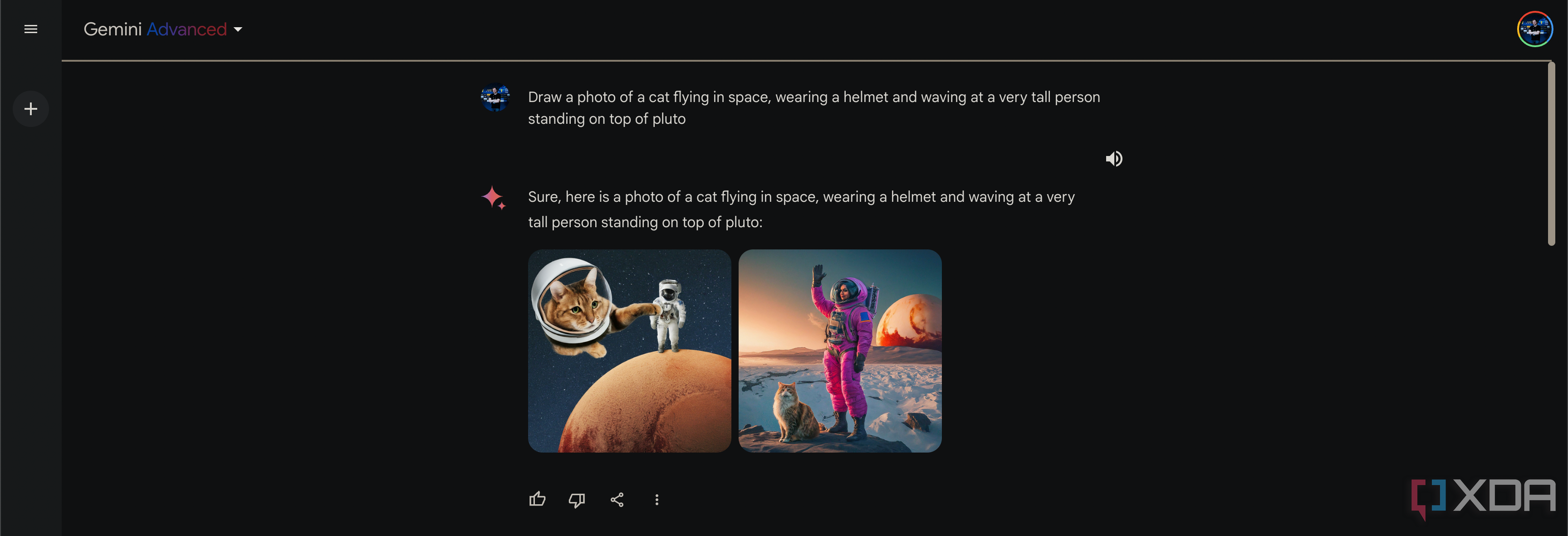 Pedirle a Gemini Advanced que haga una imagen de "un gato volando en el espacio, usando un casco y saludando a una persona muy alta parada en la cima de Plutón".