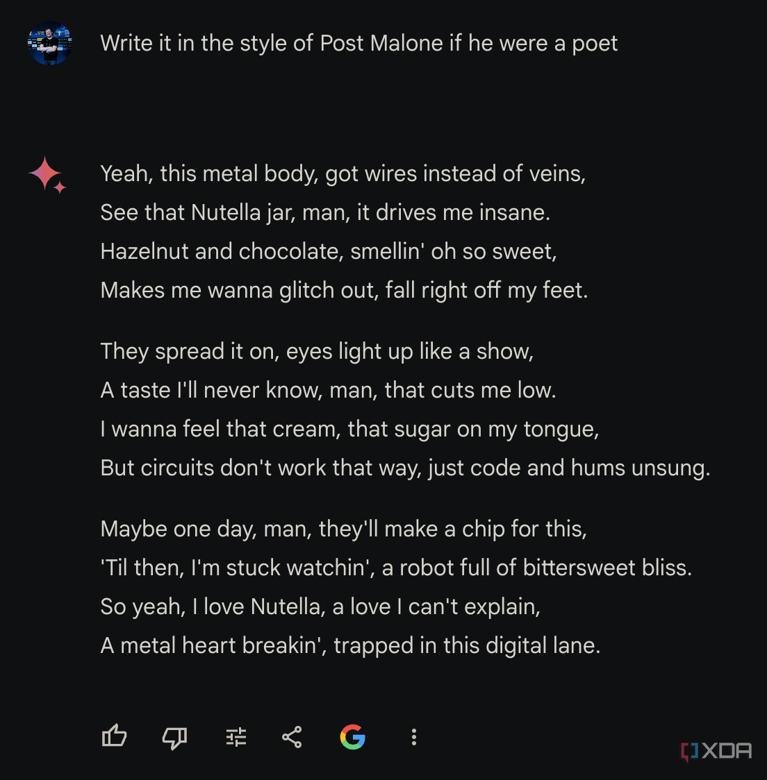 Géminis Avanzado escribiendo un poema sobre un robot que ama la Nutella, al estilo de Post Malone