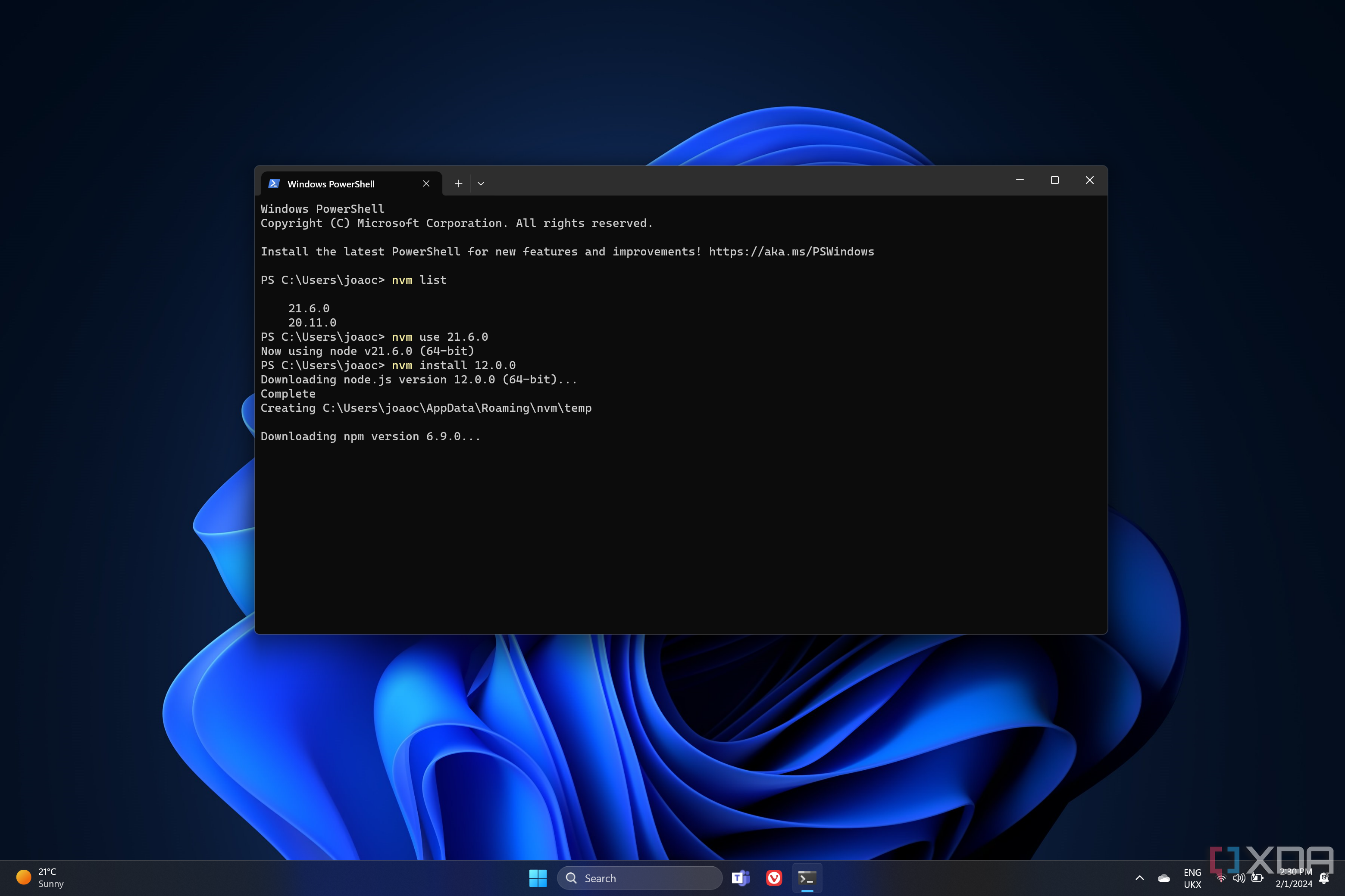 Screenshot of a Windows 11 desktop with Windows Terminal showing various NVM commands