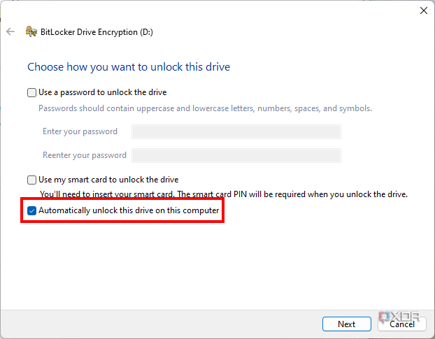 Screenshot of a Windows dialog asking the user how they want to unlock a non-OS drive encrypted with BitLocker