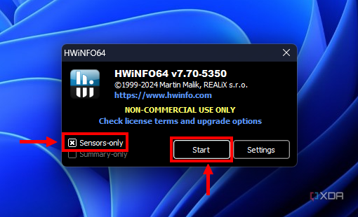 HWiNFO launcher with sensors-only option and Start button highlighted