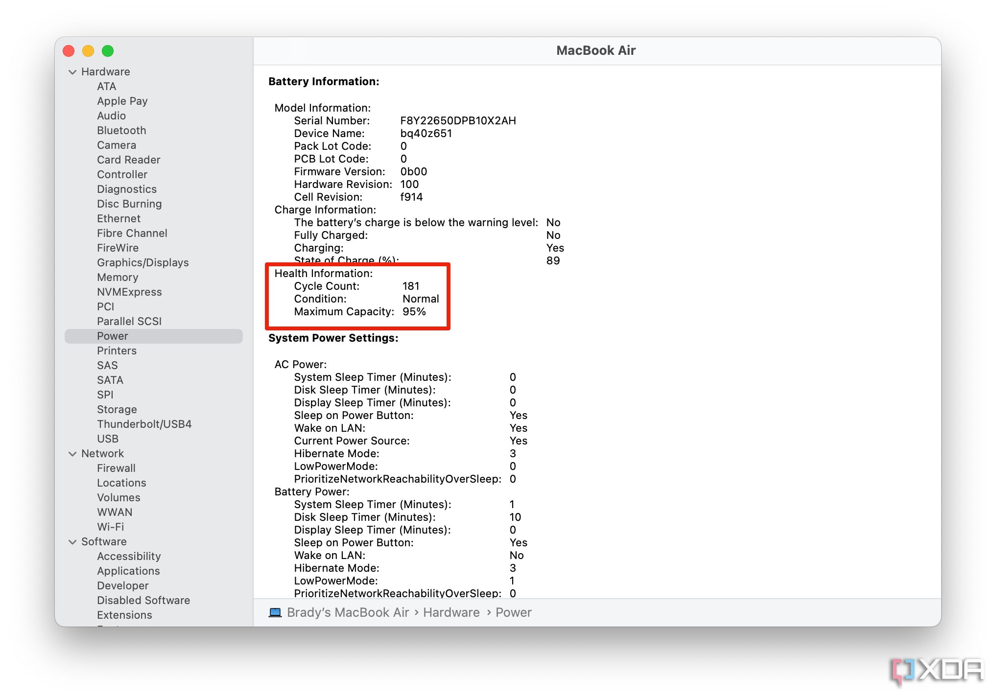 Información sobre el estado de la batería de macOS que se muestra en el Informe del sistema.