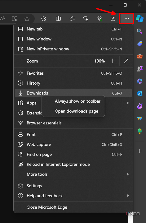 Screenshot of the Microsoft Edge menu