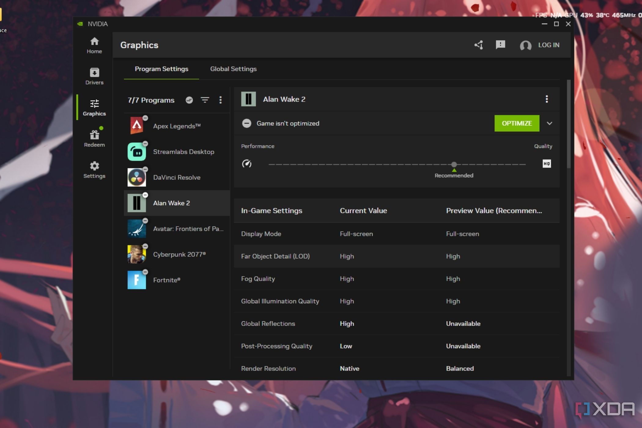 Tangkapan layar menunjukkan aplikasi Nvidia menampilkan pengaturan optimal untuk Alan Wake 2.