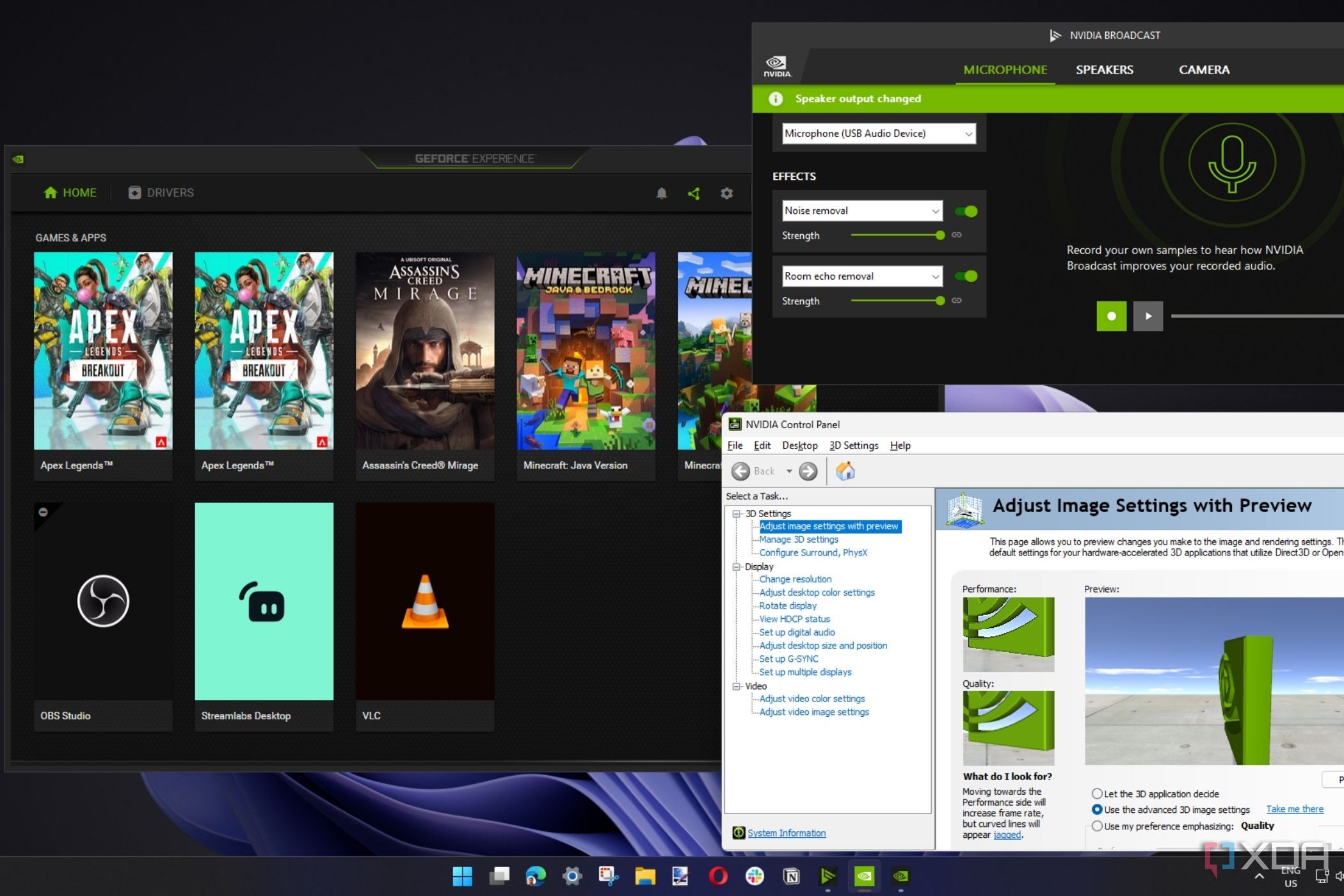 Снимок экрана, на котором показаны Nvidia GeForce Experience, панель управления Nvidia и Nvidia Broadcast, открытые в Windows.