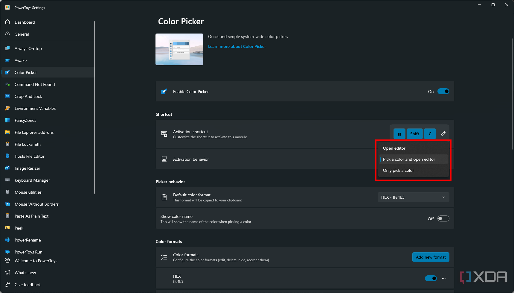 Screenshot of PowerToys settings showing the menu to customize the behavior of color picker after choosing a color