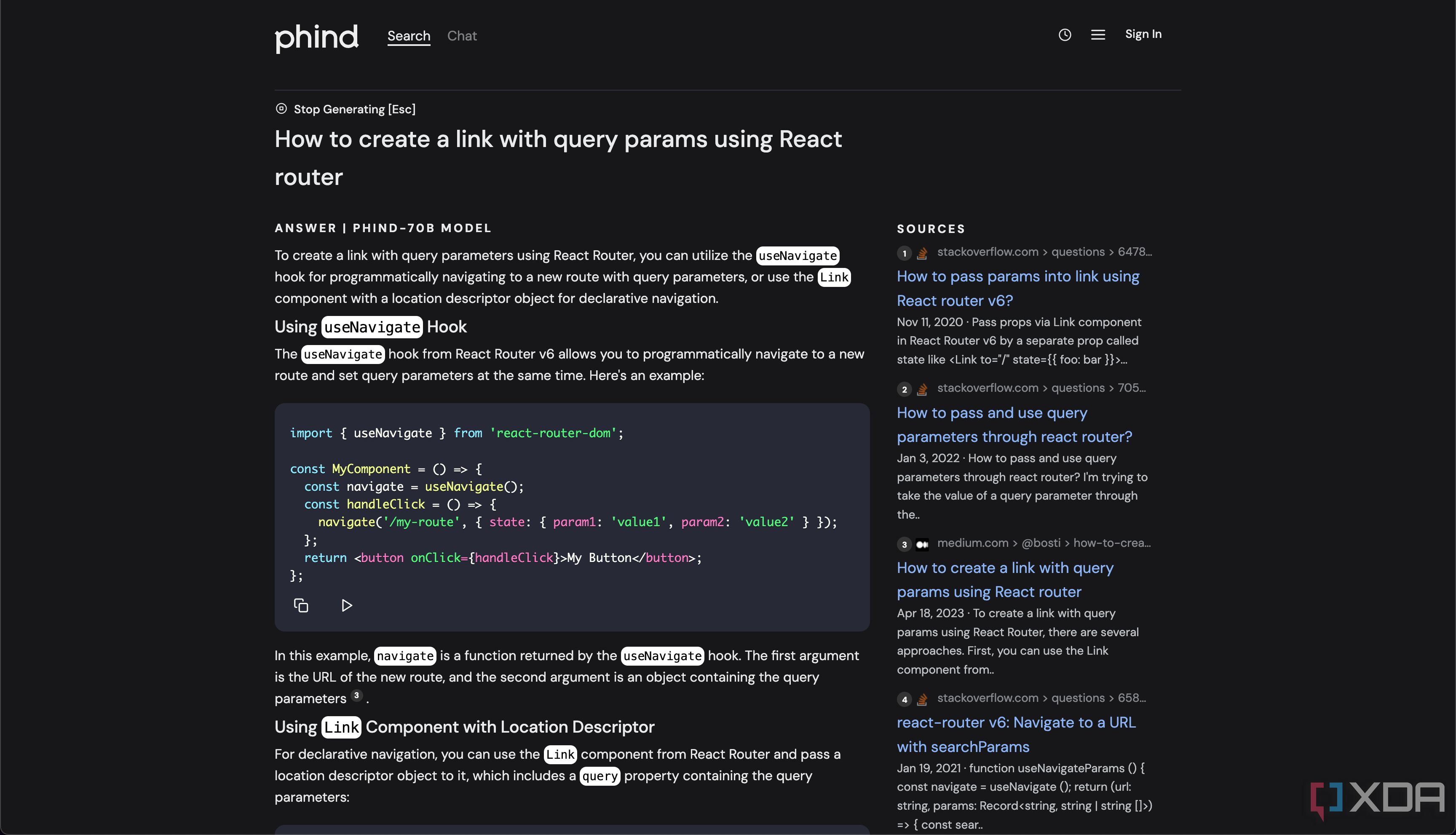 Le preguntamos a Phind cómo crear un enlace con parámetros de consulta usando el enrutador React