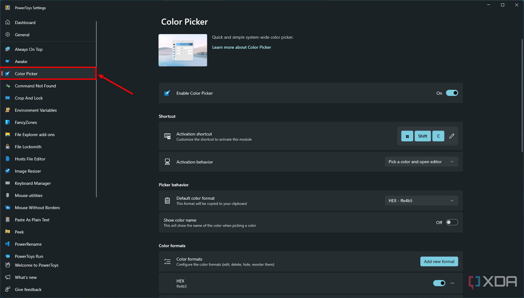 Screenshot of PowerToys with the Color Picker section highlighted