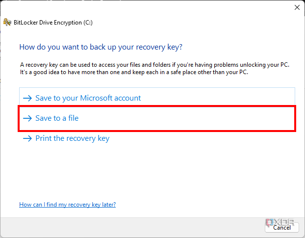 Screenshot of a dialog asking the user where to save a recovery key