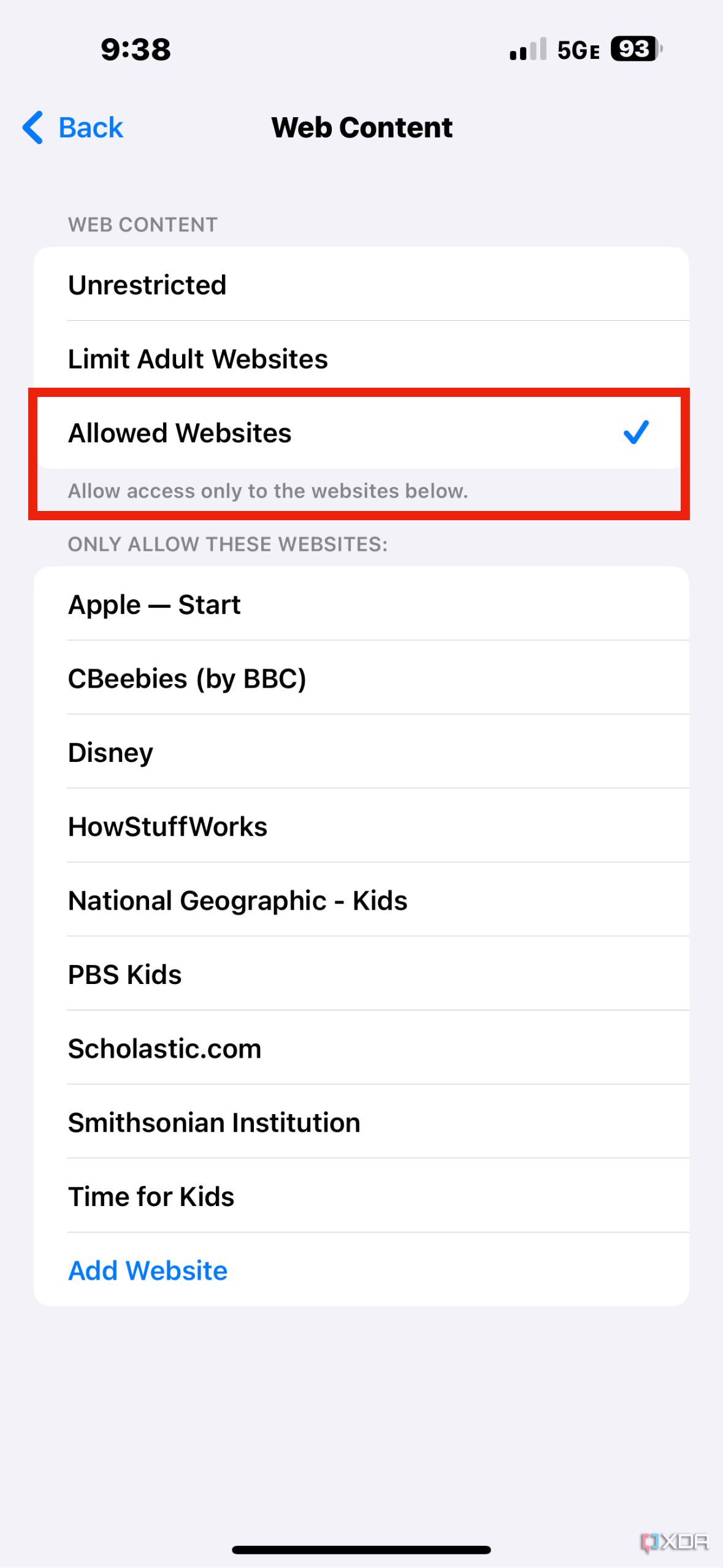 Allowed websites list in Screen Time.