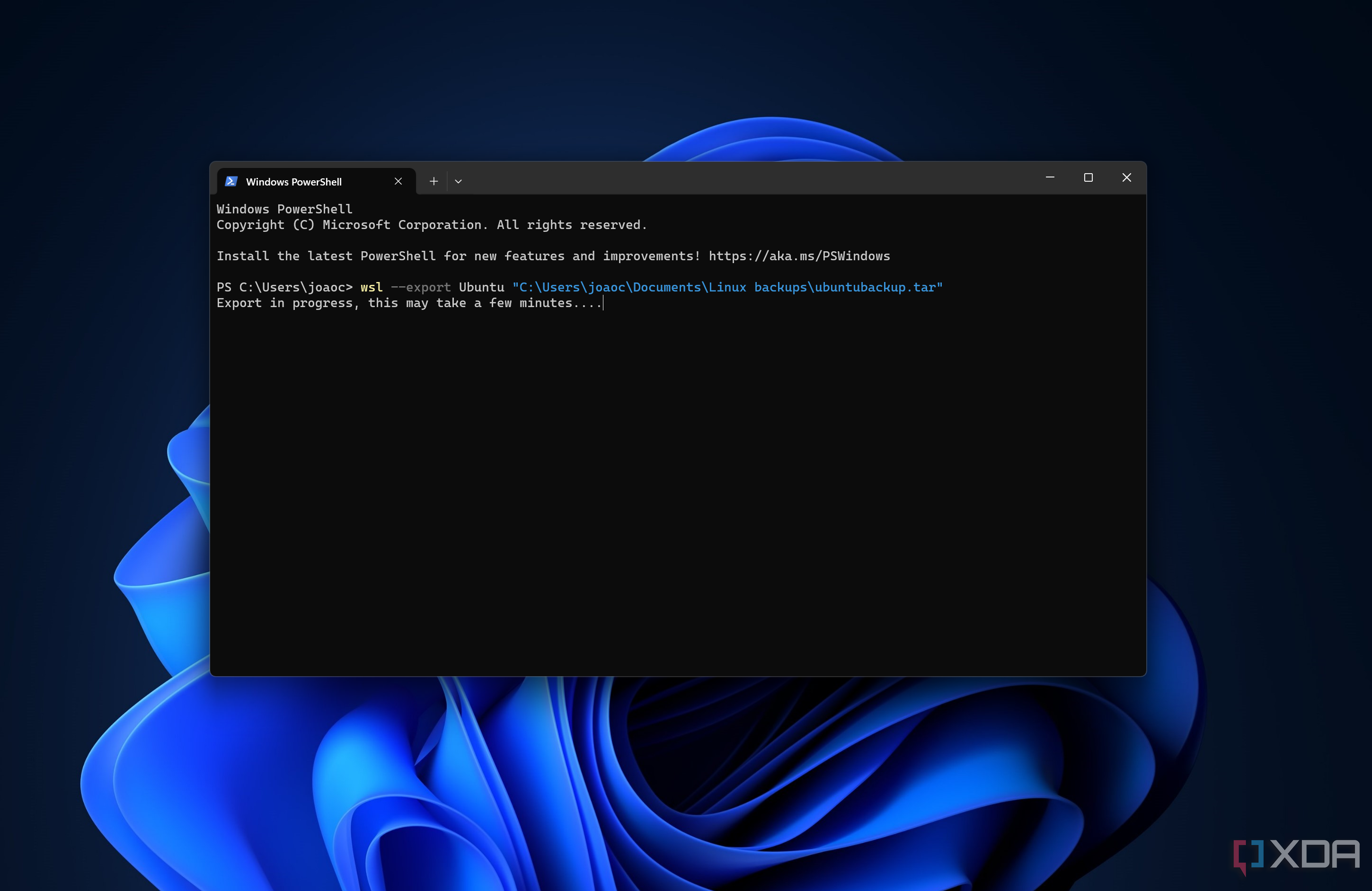 Screenshot of Windows Terminal exporting a WSL distribution