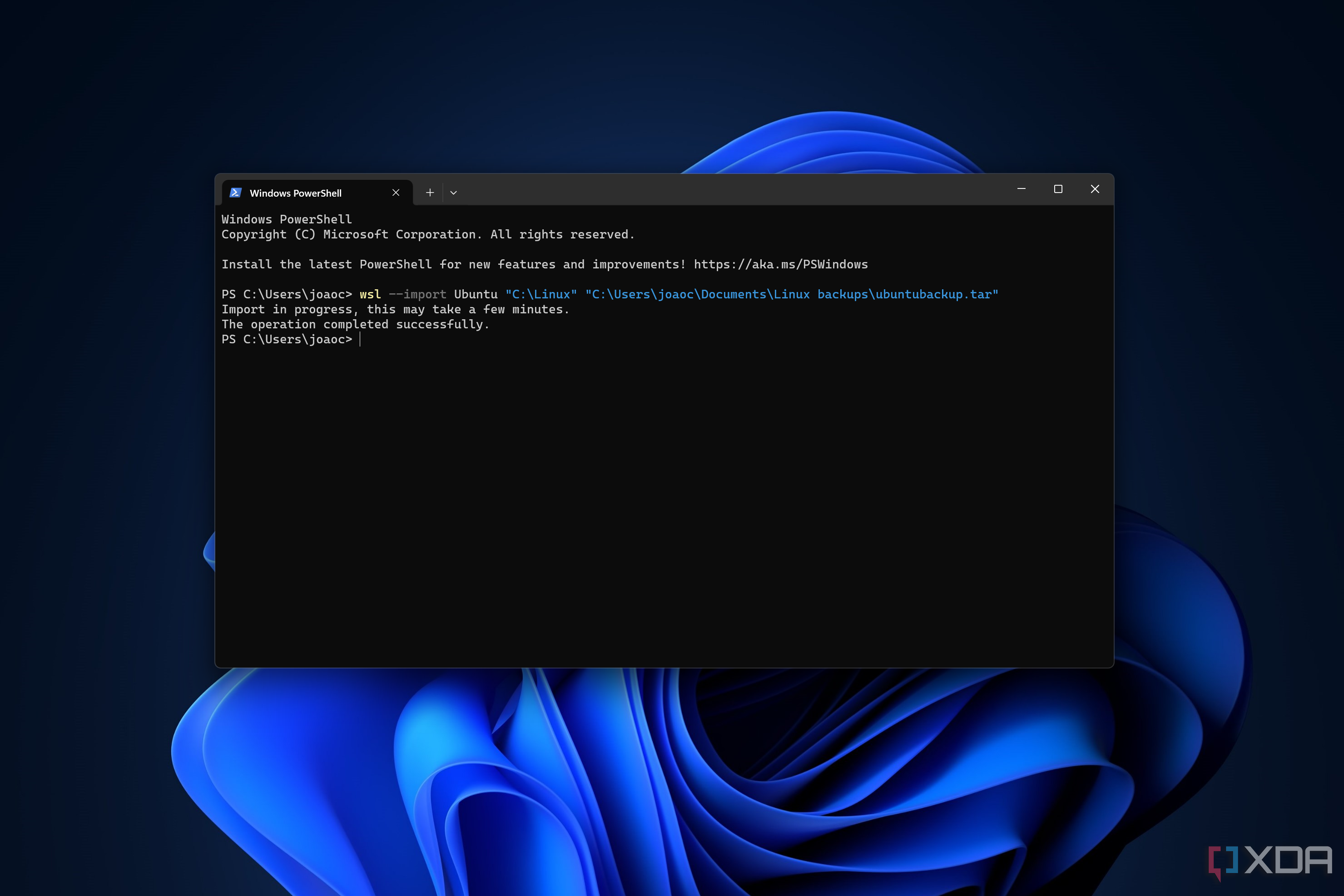 Screenshot of Windows Terminal importing a WSL backup