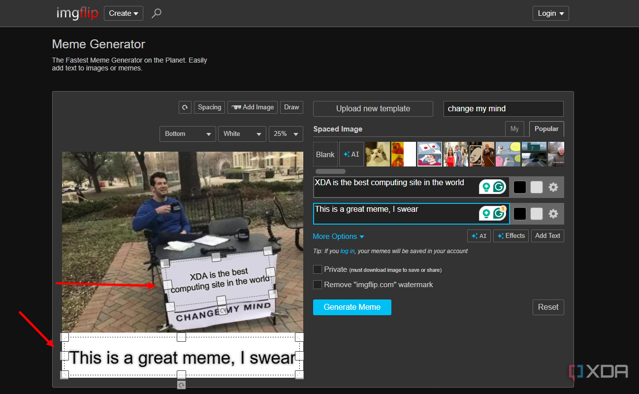 Screenshot of Imgflip showing the text boxes in a meme template