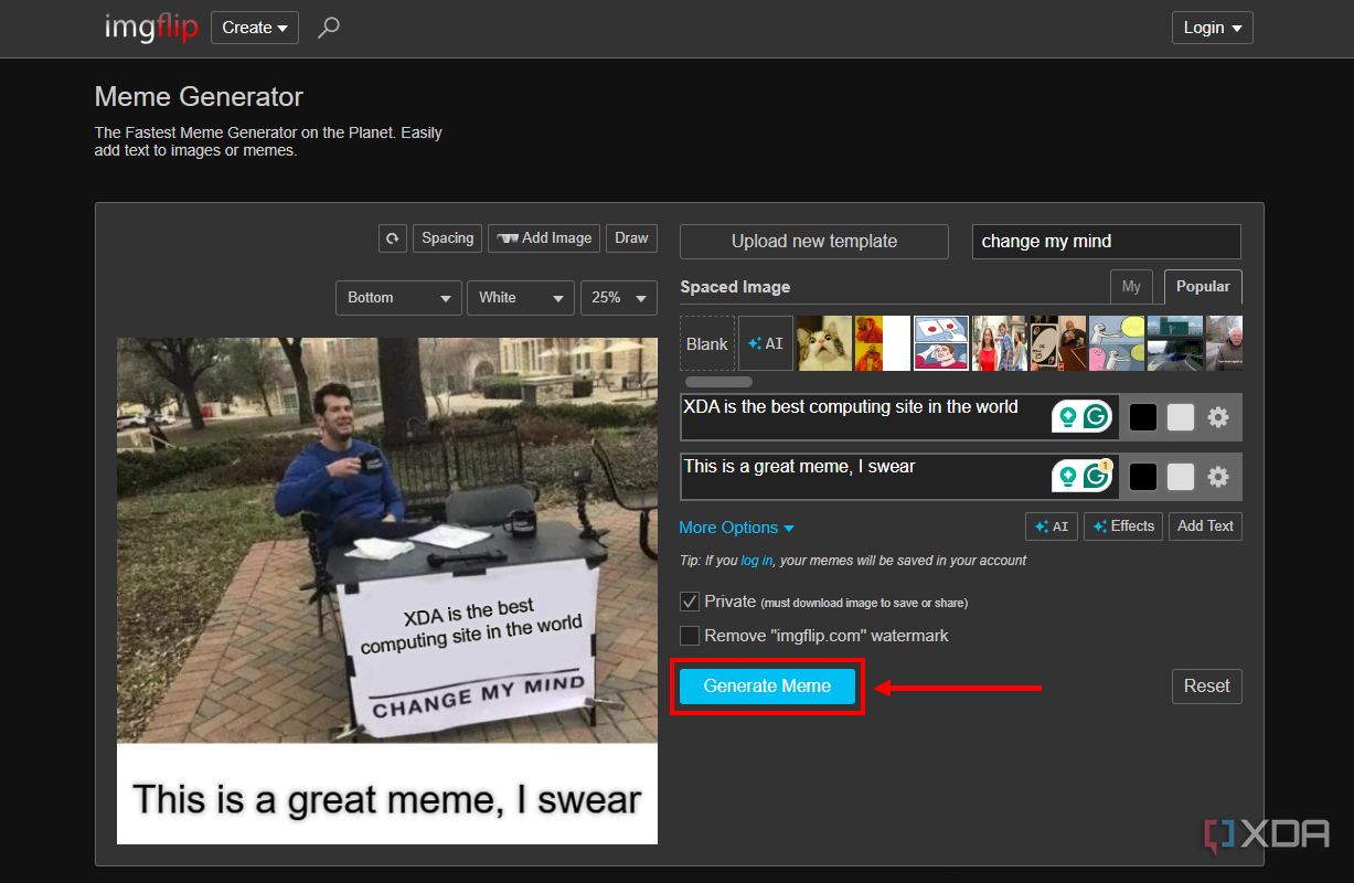 Screenshot of Imgflip with the Generate meme button highlighted