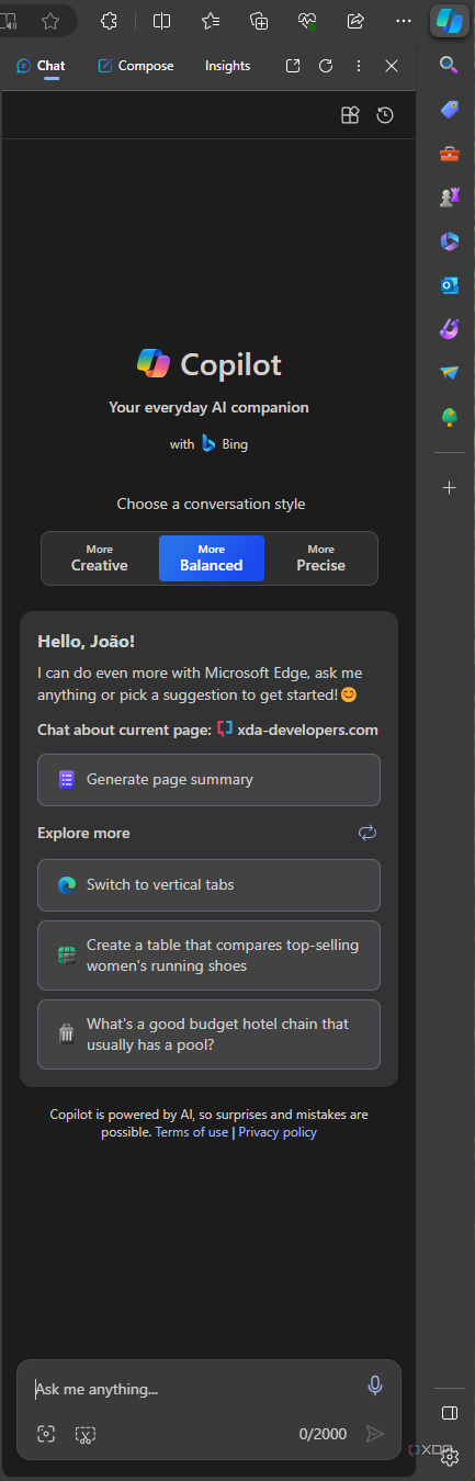 Screenshot of the main Copilot tab in Microsoft Edge