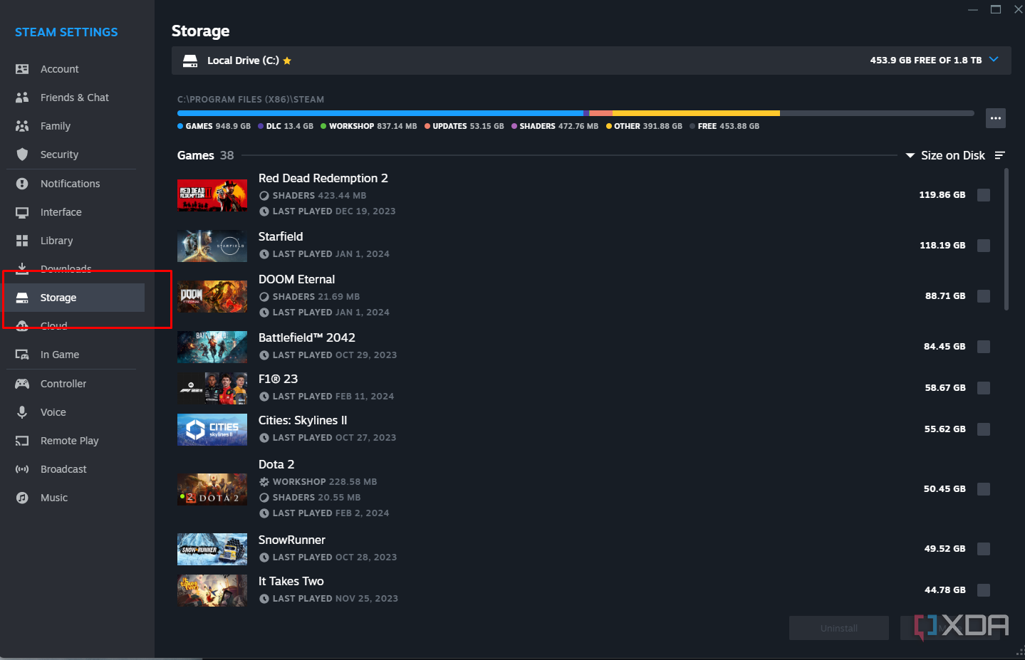 Captura de tela do cliente Steam mostrando onde localizar seus jogos.