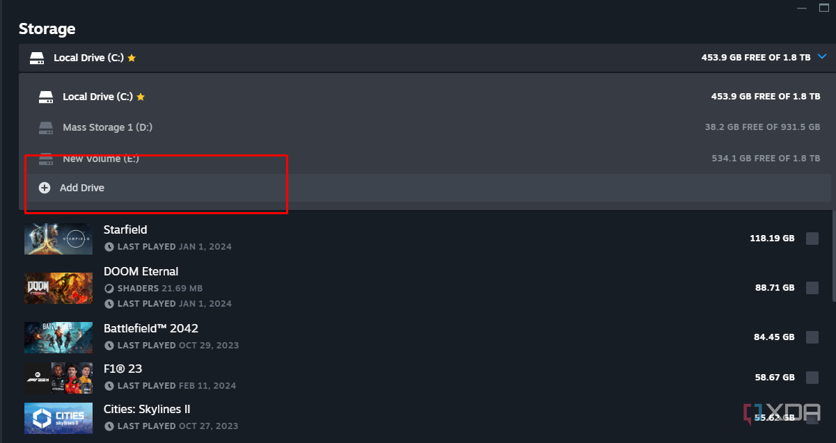Captura de tela mostrando onde adicionar uma unidade no Steam