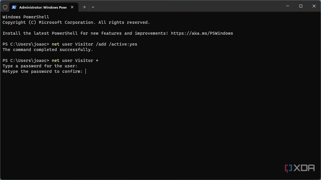 Captura de pantalla de Windows Terminal configurando una contraseña para un usuario