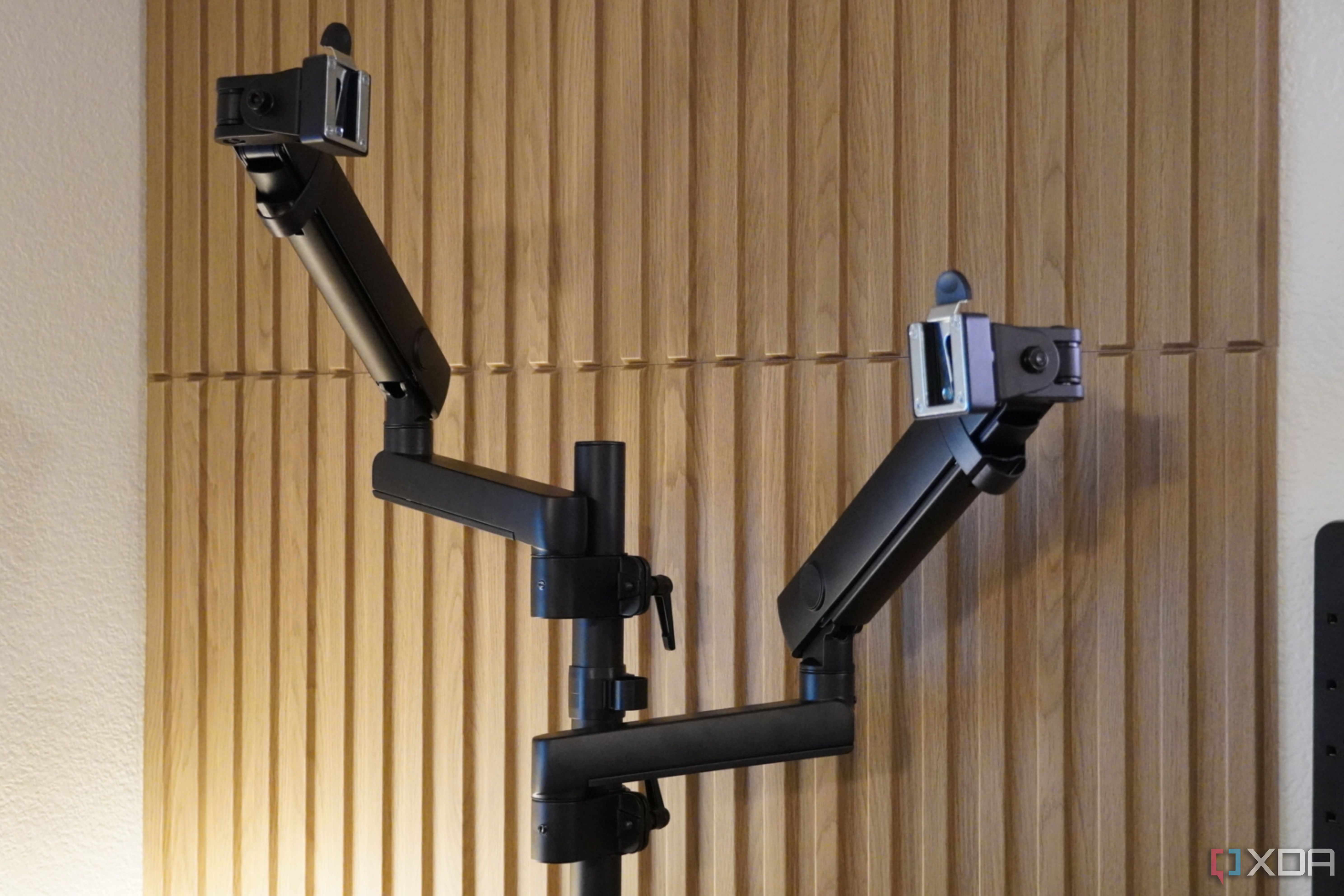 The StarTech dual monitor arm without monitors attached.