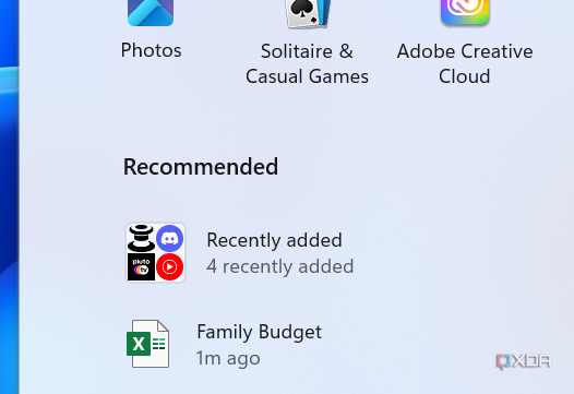 Screenshot of a folder in the Windows 11 Start menu recommended section showing recently added apps