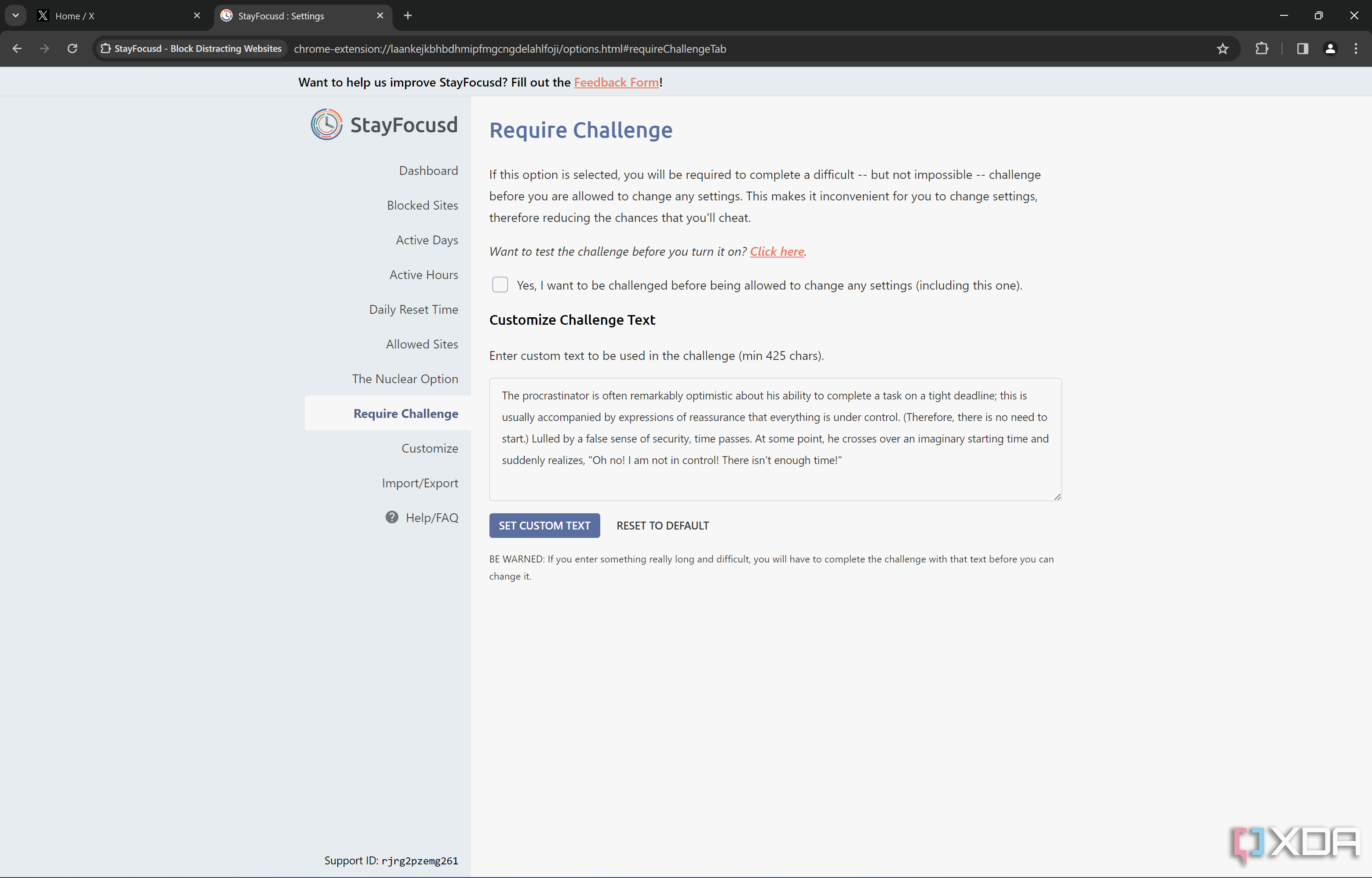 Screenshot of the Require challenge in Stayfocusd settings