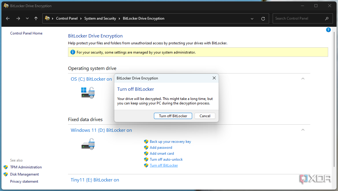Confirmation dialog asking the user if they want to turn off BitLocker