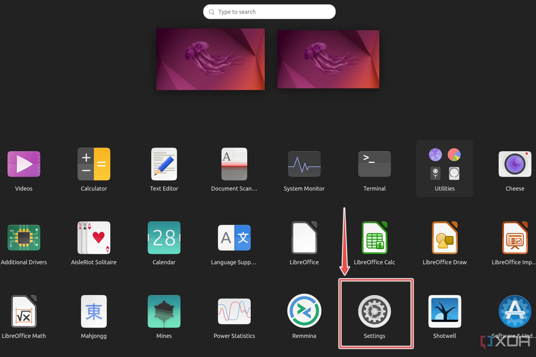 Una captura de pantalla que muestra cómo abrir Configuración en Ubuntu