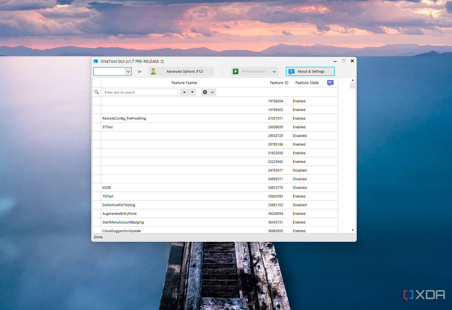 Screenshot of ViVeTool GUI over a desktop background
