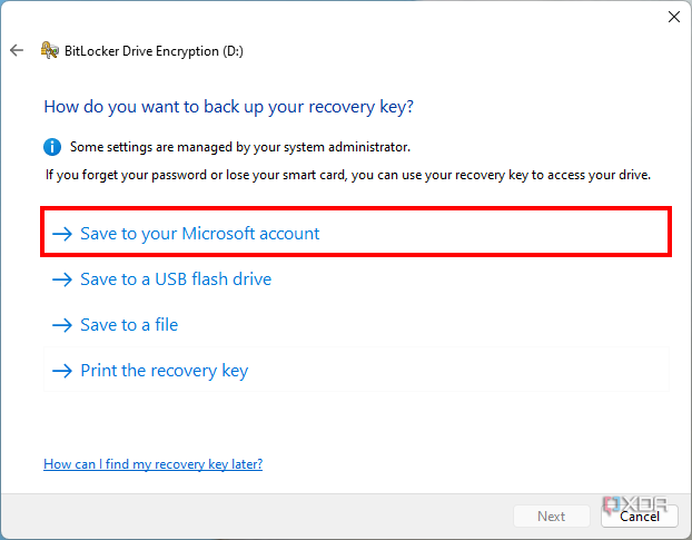 Screenshot of Windows dialog asking the suer where to store the decryption key for a BitLocker encrypted drive