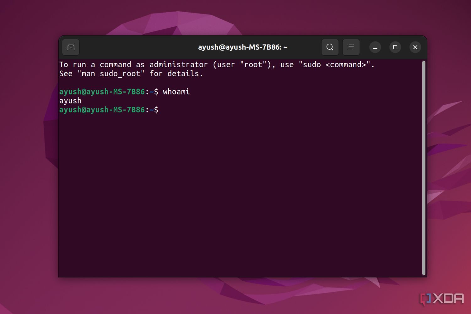 Una terminal de Ubuntu que muestra el comando whoami