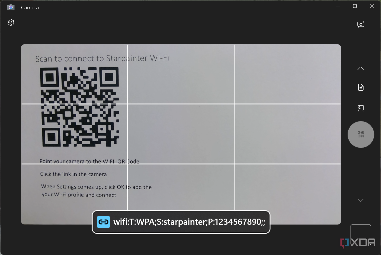 Captura de tela do aplicativo de câmera do Windows 11 dando ao usuário a opção de se conectar a uma rede Wi-Fi usando um código QR