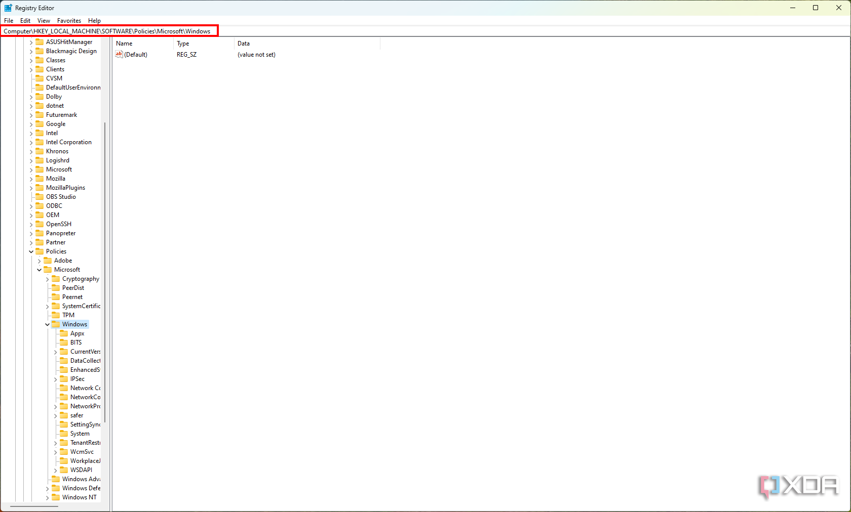 Screenshot of Registry Editor in Windows 11 showing a Windows folder