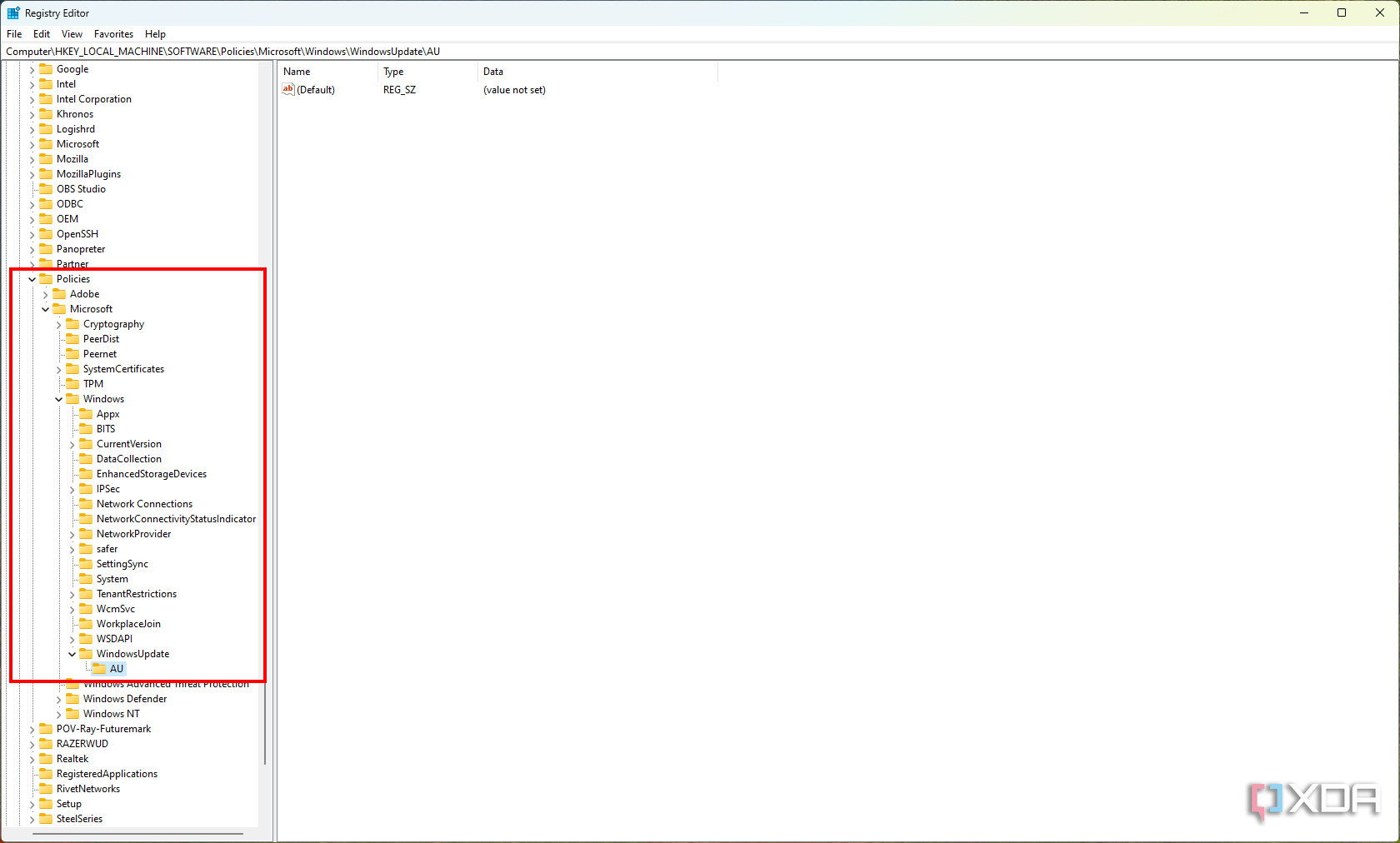 Screenshot of Registry Editor with the current folder structure highlighted
