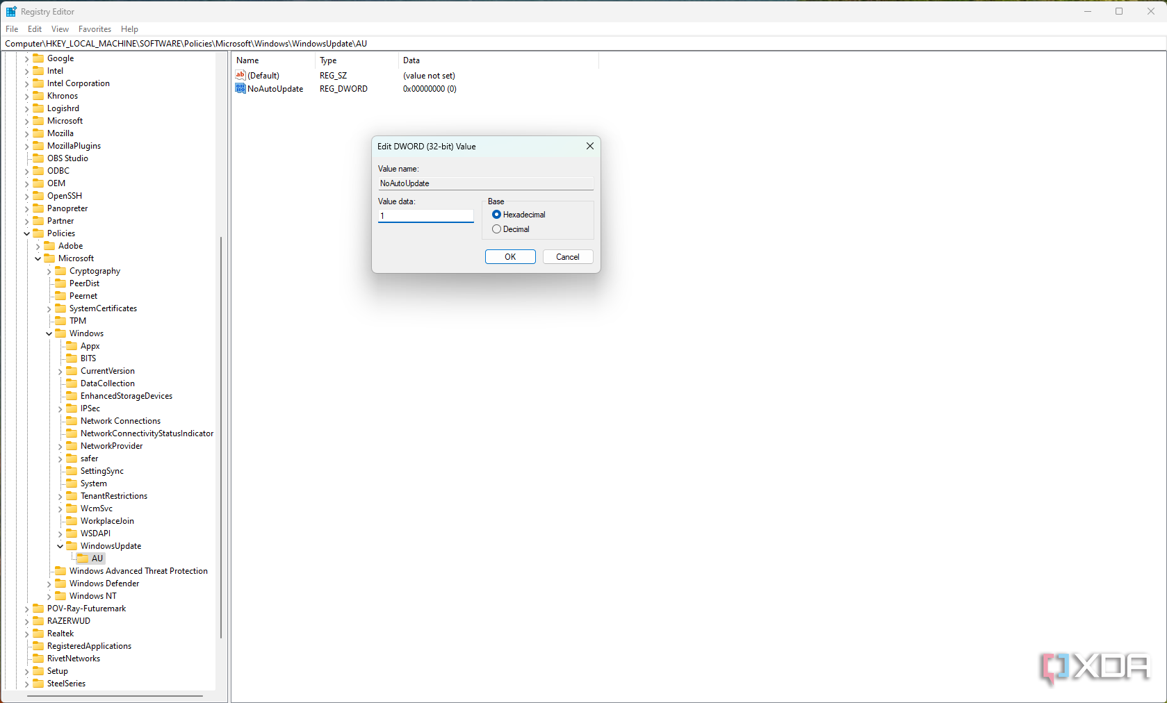 Screenshot of Registry Editor modifying a Dword value