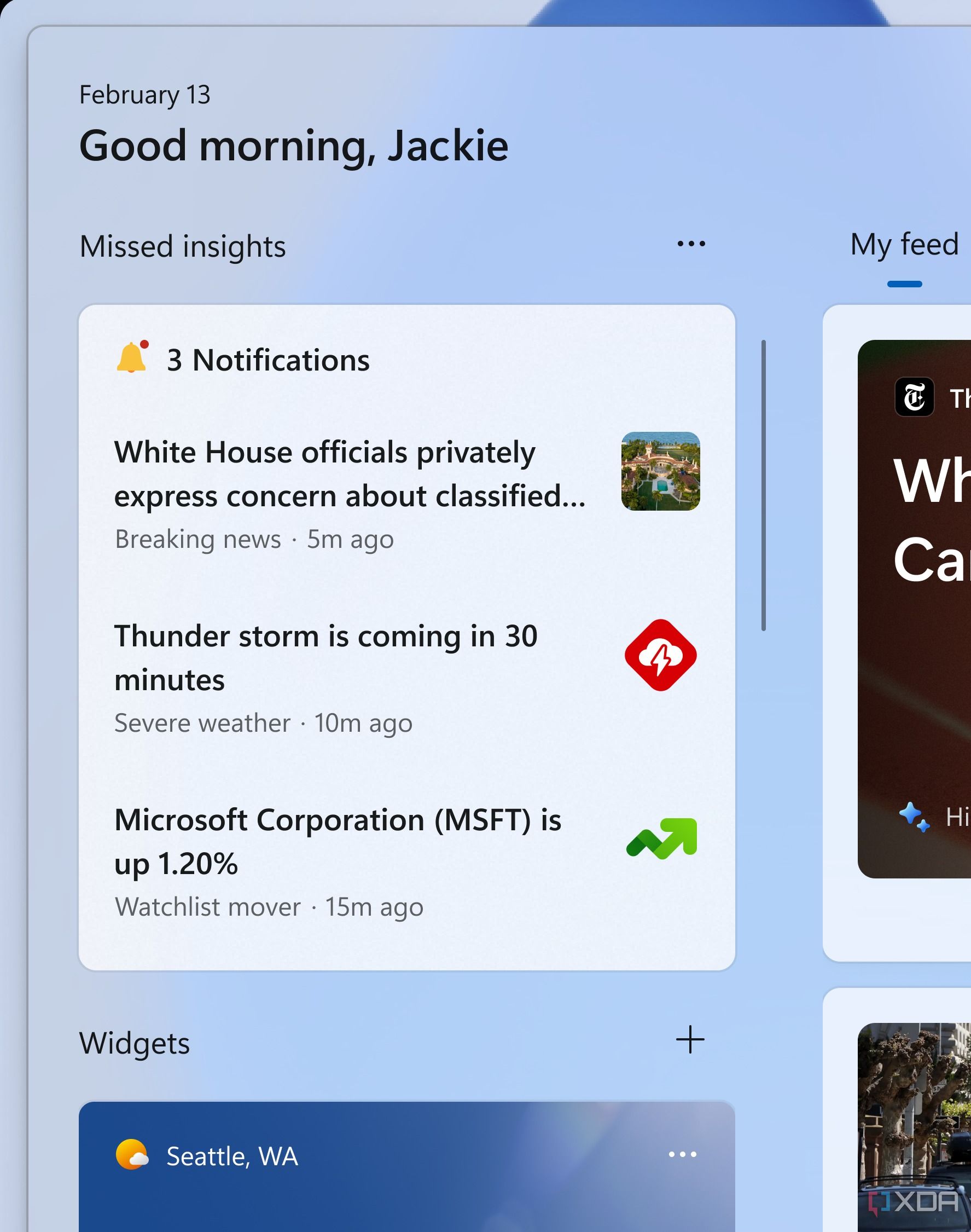 Screenshot of Windows 11 Widgets missed notifications