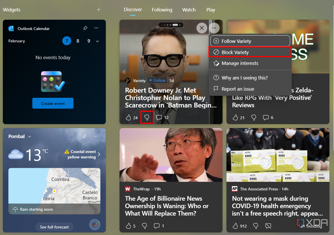 Screenshot of Windows 11 widgets and news, showing the option to downvote a story or block a specific outlet